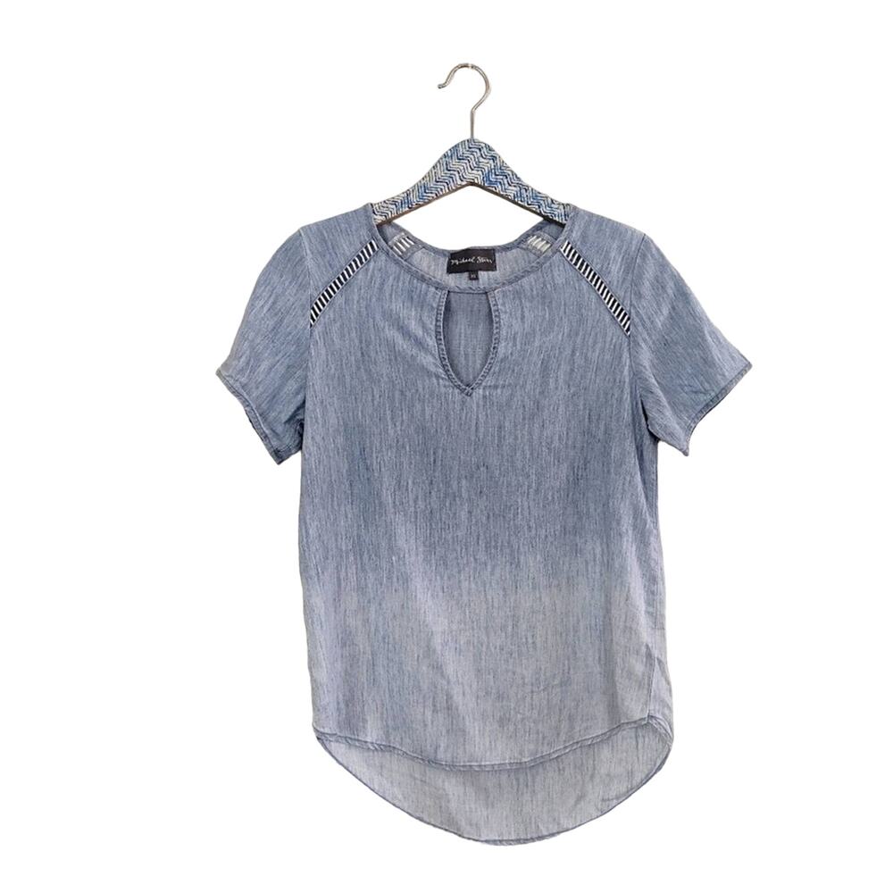Michael Stars Blouse XS Blue Chambray Embroidered Inset Boho Casual - Picture 1 of 6